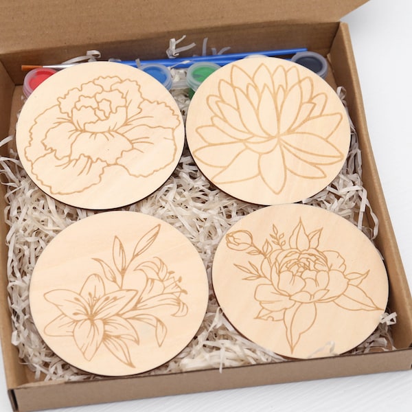 Wooden flower painting kit, wooden coaster paint kits for adults kids, diy Kit for birthday gift, diy Kit for her PK005b