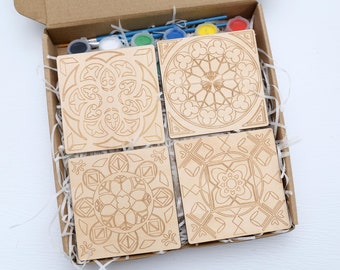 Tile painting kit, wooden coaster paint kits for adults, diy Kit for birthday gift, gift for mom, diy kit for window coaster, Mothers Day