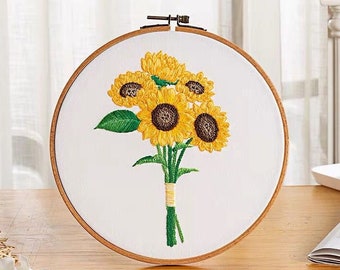 Sunflower Embroidery Kit For Beginner, beginner kit, embroidery pattern, diy Kit Embroidery flower,diy Kit adult, Mothers Day YP020