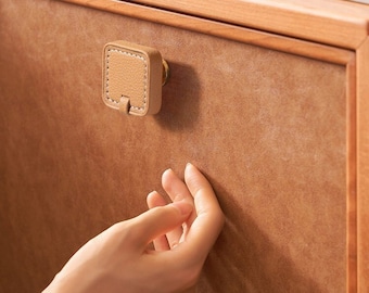 Square Khaki Leather Cabinet Handles knobs, Boho Leather Drawer Pulls Knobs Handles Cupboard Wardrobe Knob handle pull, Furniture Hardware