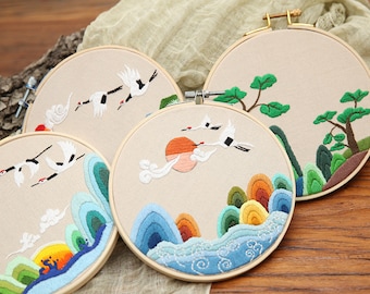 Embroidery Kit For Beginner, sunrise embroidery kit, Chinese landscape embroidery kit, White crane Embroidery, diy Kit adult