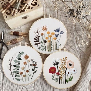 Kit de broderie débutant, kit de broderie floral, kit de broderie d’herbes botaniques, kit de bricolage broderie, kit de bricolage adulte