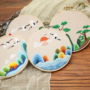 Embroidery Kit For Beginner, sunrise embroidery kit, Chinese landscape embroidery kit, White crane Embroidery, diy Kit adult