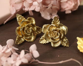 Art decor Dresser Knobs Handles, Rose with leaves cabinet Knobs, laser engraved flower solid brass Drawer pull Wardrobe handle Pulls