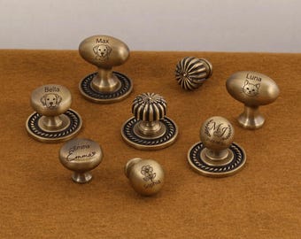 Custom laser engraved Victorian Antique brass Cabinet Handles knobs, Vintage Brass Drawer Cupboard Wardrobe Knob handles pulls Villa