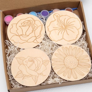Wooden flower painting kit, wooden coaster paint kits for adults kids, diy Kit for birthday gift, diy Kit for her, Mothers Day PK005a