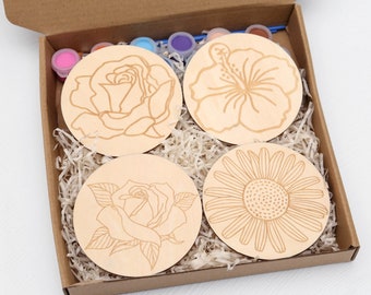 Wooden flower painting kit, wooden coaster paint kits for adults kids, diy Kit for birthday gift, diy Kit for her, Mothers Day PK005a