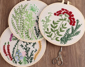 Embroidery Kit Beginner, embroidery kit floral, botanical herb embroidery kit, diy Kit Embroidery, diy Kit adult