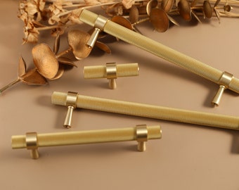 Solid brass textured cabinet pull handles, bronze kitchen cupboard pulls, T bar knobs, door furniture handles hardware