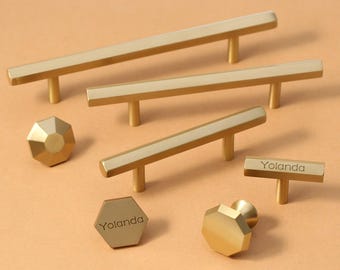 Zeshoekige messing kast trekt handvat Massief messing ladeknoppen trekt lasergegraveerde gouden dressoirknoppen keukengrepen Kledingkast handvat pull