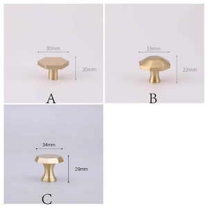 May include: Three gold-toned cabinet knobs with a hexagonal shape and a raised centre. The knobs are labelled A, B, and C. The measurements of each knob are listed in millimetres.