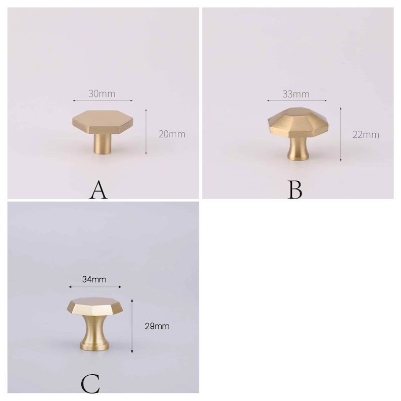 May include: Three gold-toned cabinet knobs with a hexagonal shape and a raised centre. The knobs are labelled A, B, and C. The measurements of each knob are listed in millimetres.