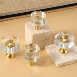 Doorzichtige acryl messing ladeknoppen handgrepen, acryl dressoir knopgrepen, lasergegraveerde kristallen ronde kastknop kast garderobeknoppen