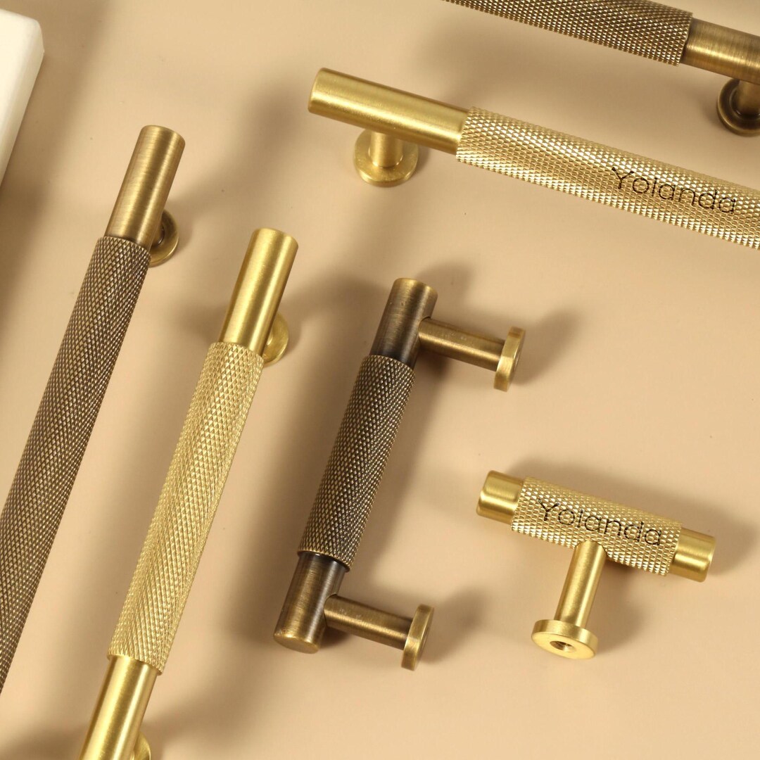 Knurled Antique Brass Cabinet Handles Pulls Satin Brass Drawer Kitchen ...