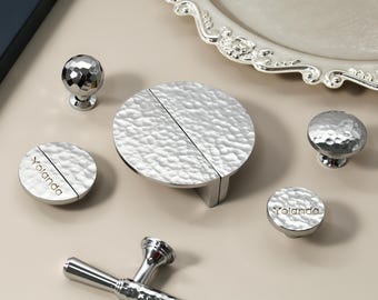 Hammered Silver Cabinet Handles Pulls knobs Bright gold Dresser Dresser Knobs Handles laser engraved Cupboard Kitchen Wardrobe handles pulls