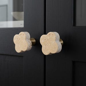 May include: Two flower-shaped cabinet knobs made of beige, porous stone with a textured surface. Each knob features a central cylindrical brass-colored metal base attached to a dark black wooden cabinet door with glass panels.