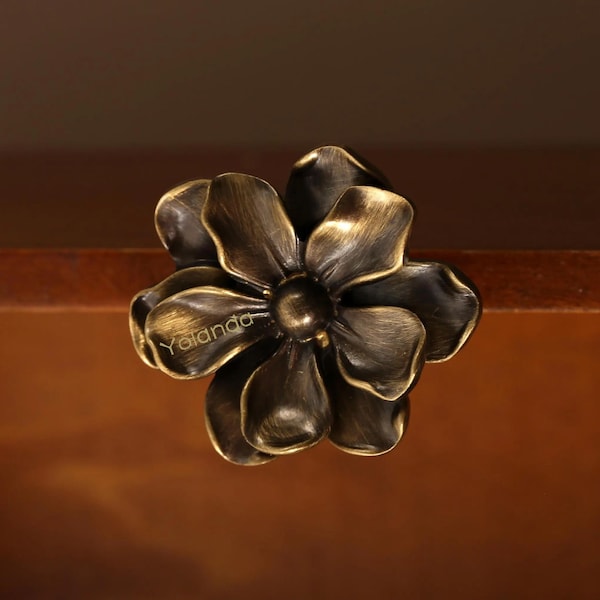 Vintage brass Camellia Drawer Knobs handles, Flower gold brass cabinet pull Wardrobe handle Pulls, laser engraved Art Dresser Knobs Handles
