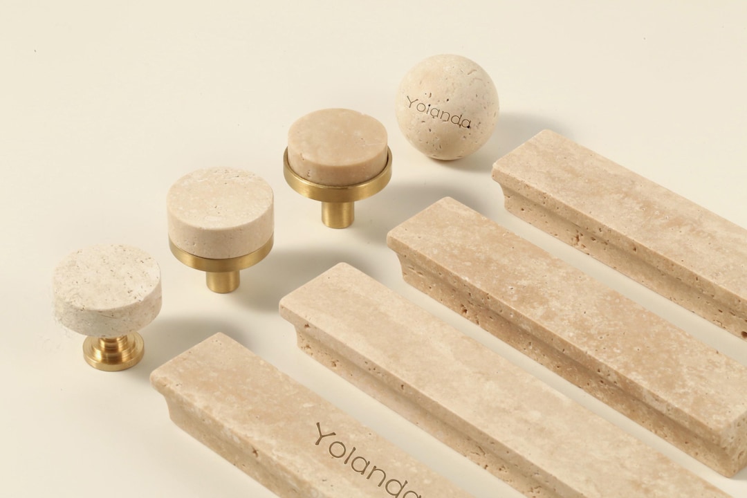 Boutons de tiroir d'armoire en travertin naturel, laiton, poignées - Etsy France