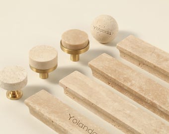 Tiradores y pomos de latón y travertino natural para cajones y armarios. Tiradores de piedra natural para armarios y cómodas, grabados con láser. Tiradores para armarios y cocinas.