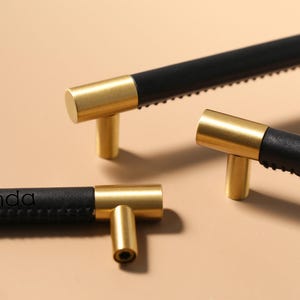 Minimalist Black Leather Cabinet handles knobs, Leather Brass Drawer Pulls Knobs Handles, laser engraved Wardrobe Dresser handle pull