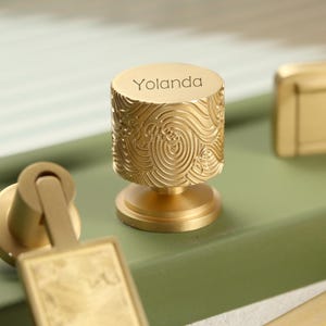 Curved Brass Drawer knobs, Engraved Brass Cabinet Pulls Knobs Handles, laser engraved wave Wardrobe Door Knob handle pull