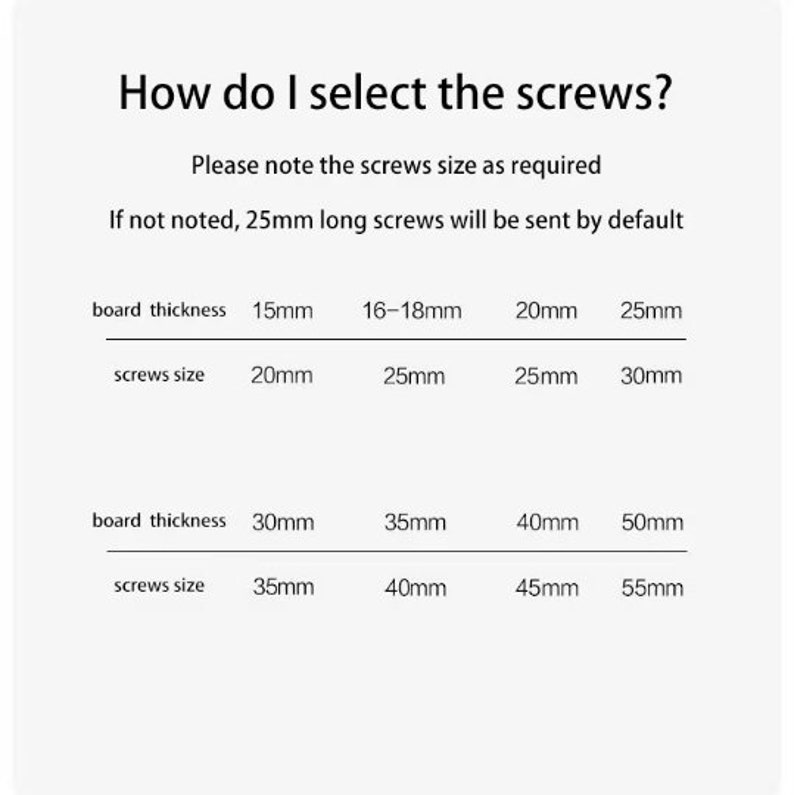 May include: A chart showing the recommended screw size for different board thicknesses. The chart shows the screw size in millimetres for board thicknesses ranging from 15mm to 50mm.