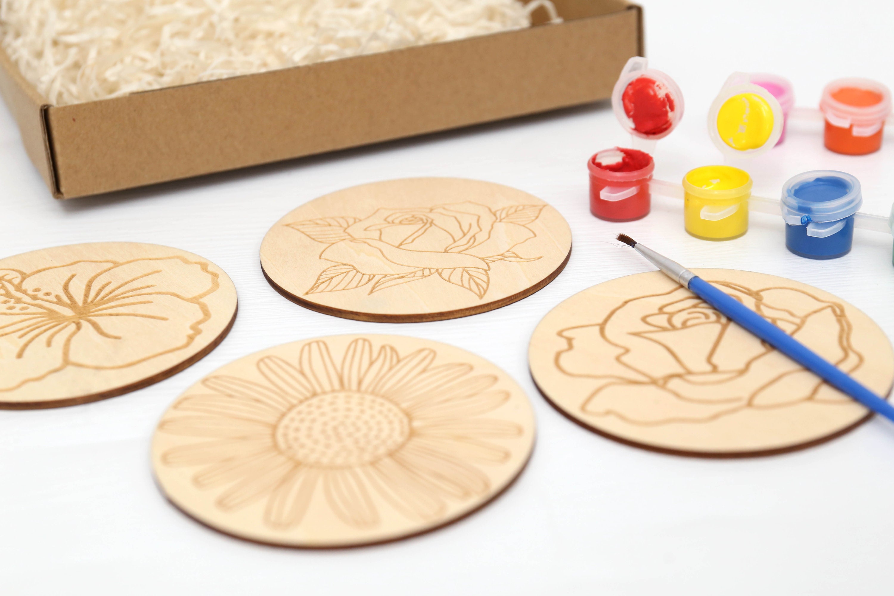 Wooden Flower Painting Kit Wooden Coaster Paint Kits for Etsy Canada