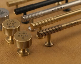 Custom Laser engraved Aged Brass Cabinet Handles Pull,Gold striped Brass Door Handles, Drawer Pulls Knobs Handles Cupboard Wardrobe Knob