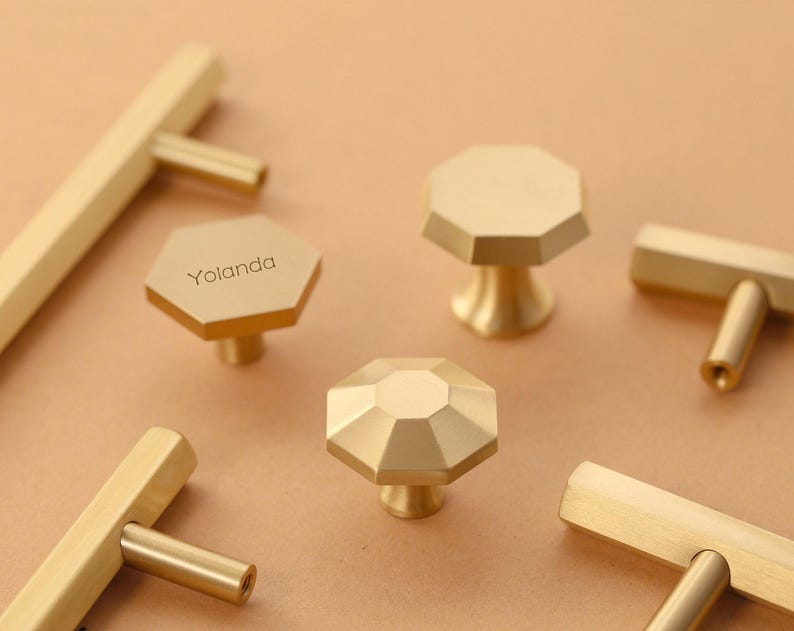 Solid Brass Drawer Knobs Pulls Gold Dresser Knobs Hexagon Brass Cabinet pulls handle Kitchen Handles DIY laser engraved Wardrobe handle pull image 1
