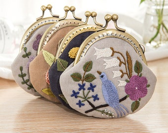 Embroidery coin purse kit Embroidery Chinese Lovely Floral Pattern Gold Mouth Purse with kiss lock Modern Flower Pattern, Mothers Day YP160