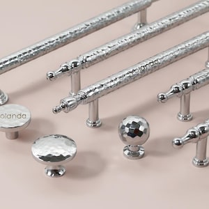 Puxadores de gaveta de prata espelhada, puxadores de latão martelado, puxadores de armário, puxadores de cômoda, puxadores, puxadores de armário de cozinha gravados a laser