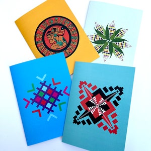 Jeu de 4 cartes de voeux d'inspiration maya, motif fils mayas, motif maïs sacré, motif temples mayas, cartes vierges 5 x 7 avec enveloppes gratuites