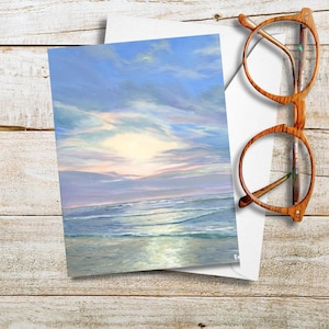 Porthtowan Sunset Seascape Art Greeting Card | North Cornwall Sea and Sky Surf Painting