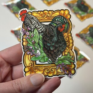 Chicken and Sage Vinyl Sticker, Rooster & Hen Vinyl Sticker, Farmhouse Chicken Art, Cute Rustic Sticker for Laptops, Journals, Water Bottles