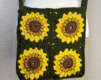 Crochet Sunflower Granny Square Crossbody Bag - Hand Stitched Lining