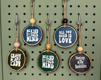 Hand Painted Wood Slice Ornaments - all occasions - book & plant lover - cottage core - boho wall or tree decor