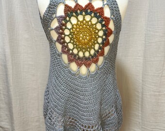 Crochet Circle Vest: Dusty Grey Mandala, Boho Festival Style
