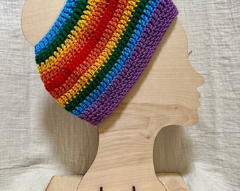 messy bun, pony tail, rainbow, pride, crochet, beanie