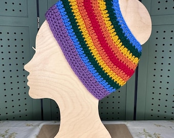 Crochet beanie - messy bun - pony tail - rainbow - adult - teenager