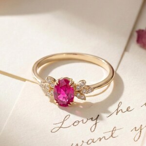 14K Solid Gold Ruby Floral Ring, Vintage Inspired Zirconium Accents