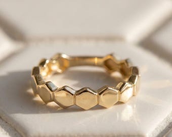 14K Solid Gold Hexagon Ring, Minimalist Geometric Band