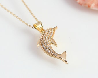 Dolphin Necklace, 14k Gold Dolphin Necklace, Valentines Day Gift, Wedding Gift, Anniversary Gift, Birthday Gift