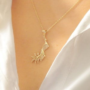 Peacock Necklace, 14k Gold Peacock Necklace, Valentines Day Gift, Wedding Gift, Anniversary Gift, Birthday Gift
