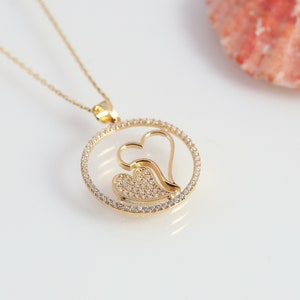 Double Heart Necklace, 14k Gold Double Heart Necklace, Valentines Day Gift, Wedding Gift, Anniversary Gift, Birthday Gift