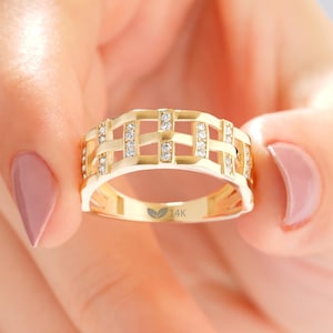 14K Solid Gold Geometrischer Diamant Ring, moderner, eleganter Schmuck, breites Goldband, perfektes Geschenk für Frauen, Jahrestag oder Statement-Piece