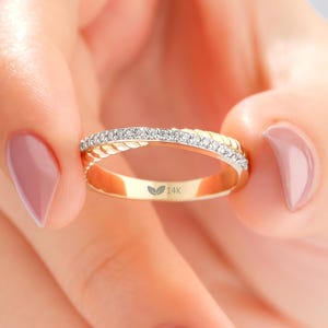 14K Solid Gold Diamond Pavé Ring, Elegant Gold Band, Minimalist Stacking Ring, Anniversary Gift for Her, Wedding Band