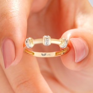 14K Gold Bamboo Bar Ring, Minimalist Pavé Gold Ring, Solid Gold Modern Stacking Ring for Women