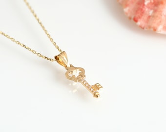 Key Necklace, 14k Gold Key Necklace, Valentine Day Gift, Wedding Gift, Anniversary Gift, Birthday Gift