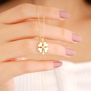 14K Gold Four-Leaf Clover Necklace, Lucky Charm Pendant, Symbolic Good Luck Jewelry, Elegant Solid Gold Gift for Women