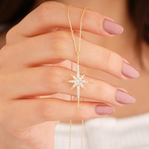 14K Gold Starburst Necklace, Dazzling North Star CZ Pendant, Celestial Jewelry Gift for Her, Elegant Gold Statement Necklace